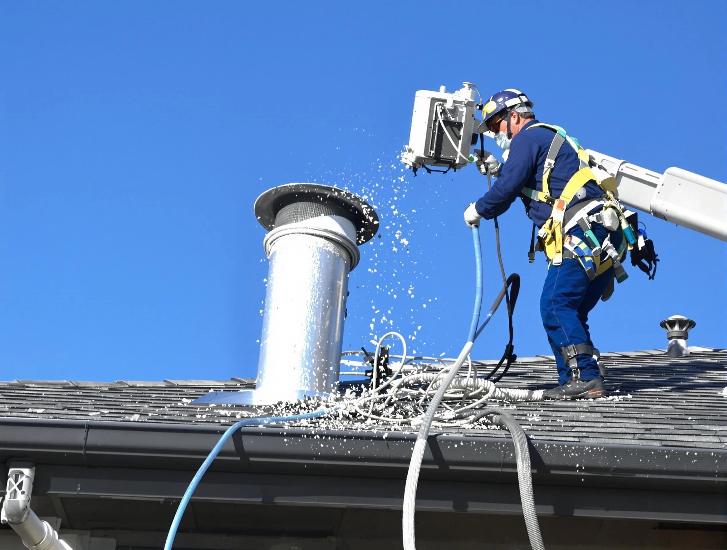 New Bedford Dryer Vent Cleaning certified technician safely cleaning a roof-mounted dryer vent in New Bedford