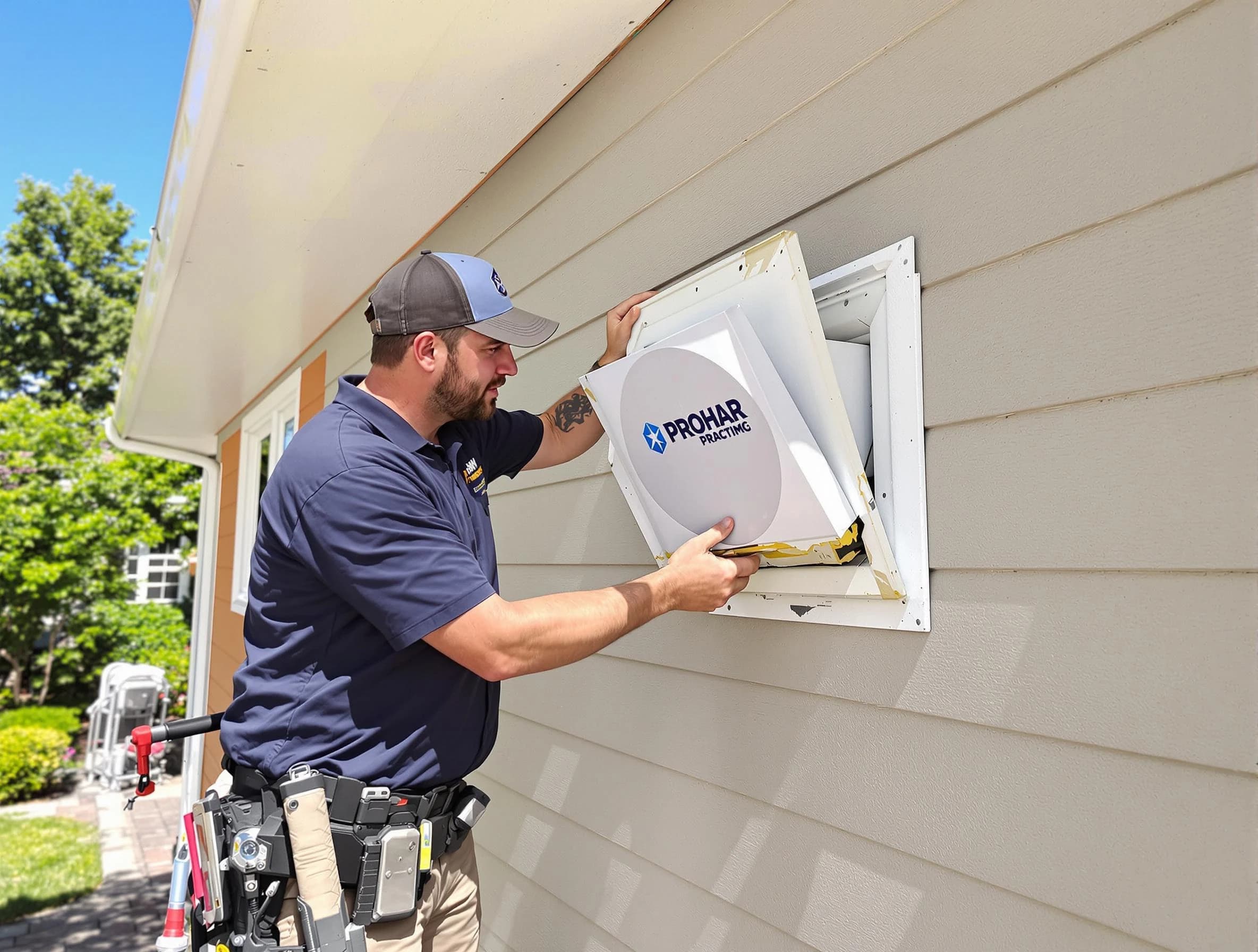 New Bedford Dryer Vent Cleaning technician installing a new protective dryer vent cover on a home in New Bedford