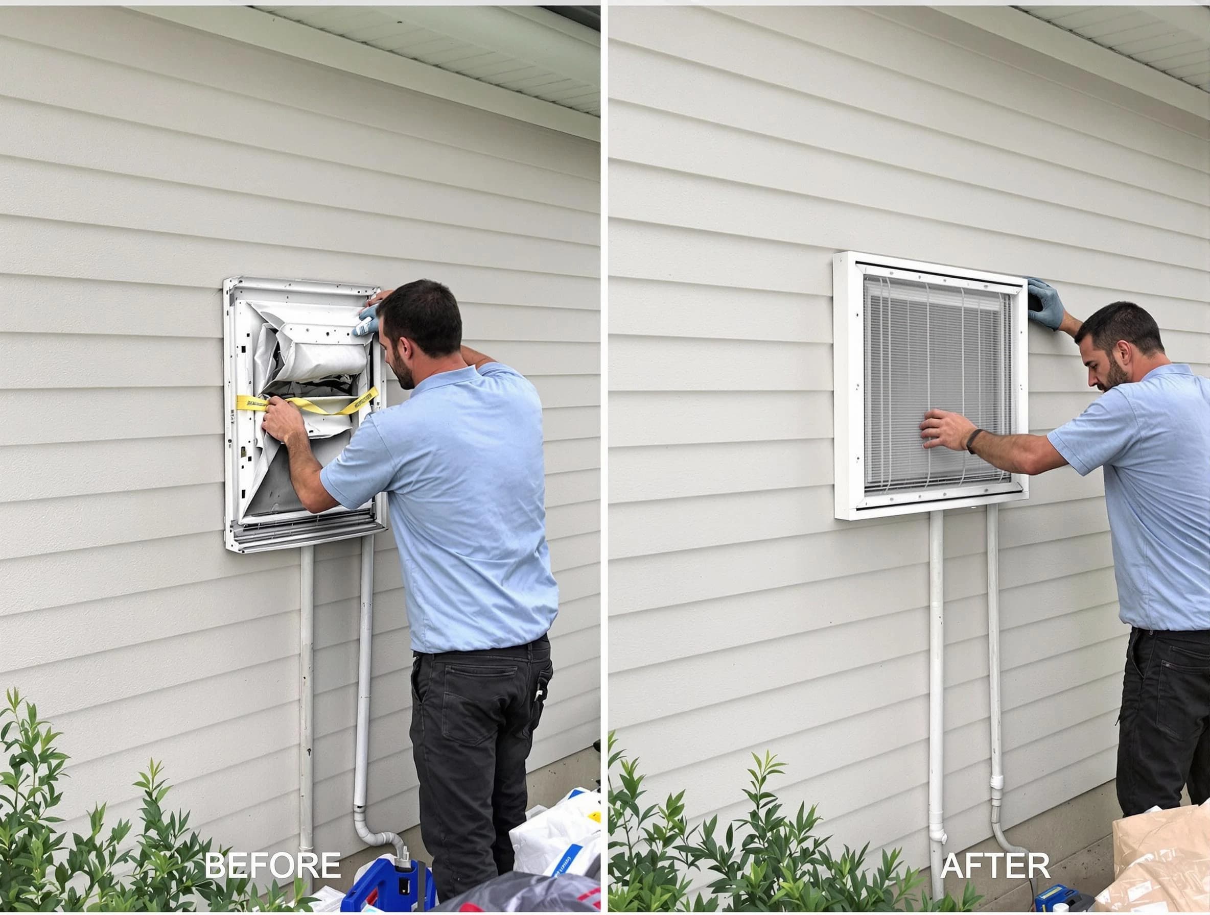 New Bedford Dryer Vent Cleaning technician installing high-quality dryer vent cover at a residential property in New Bedford