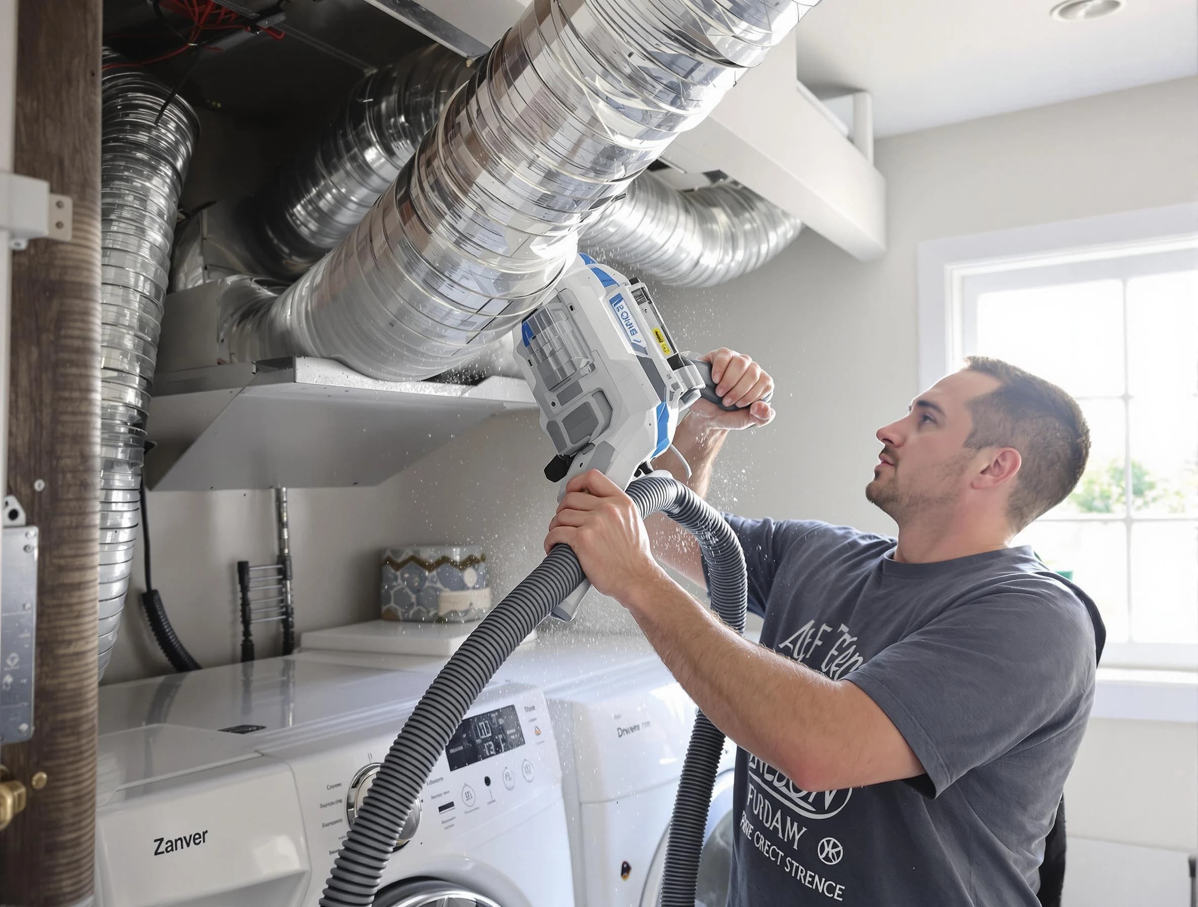 New Bedford Dryer Vent Cleaning specialist cleaning deep within a dryer vent duct system in New Bedford