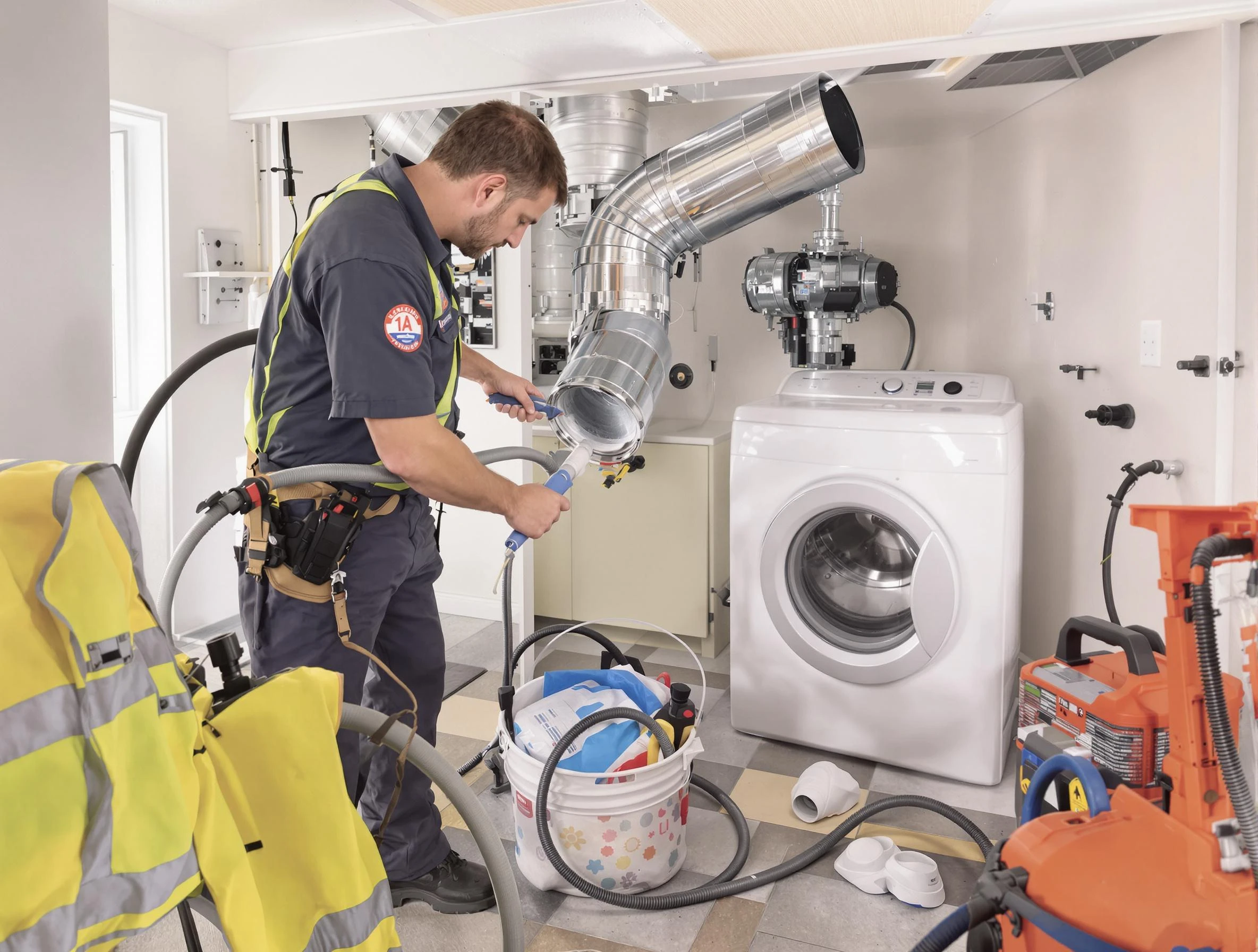 New Bedford Dryer Vent Cleaning technician using specialized equipment to clear severe dryer vent blockage in New Bedford